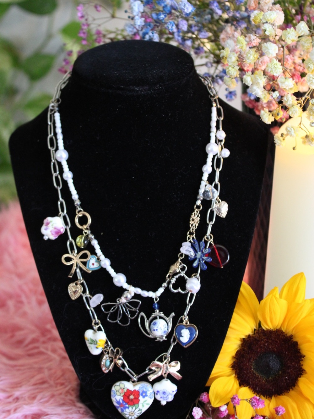 NWT Free People Layered Pearl Floral Charm Necklace MSRP $68 - Picture 12 of 14